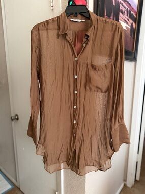Zara Sheer Brown Button-Up Shirt